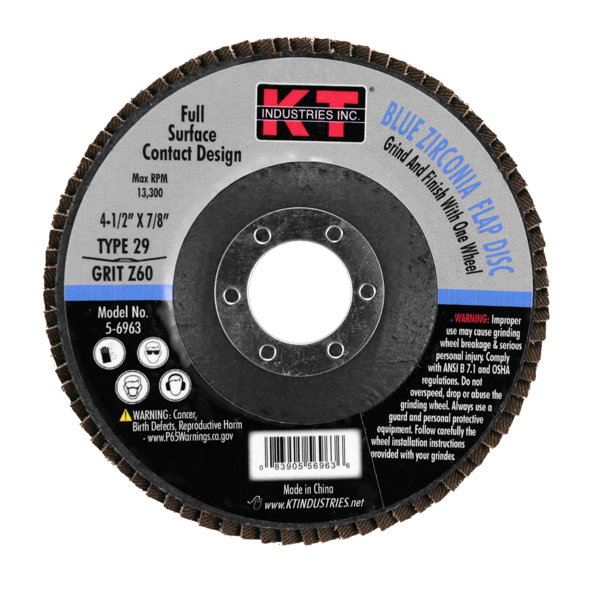 K-T Industries Blue Zirconia Flap Disc — 4.5in. x 7/8in., Type 29, 60 Grit, Model# 5-6963